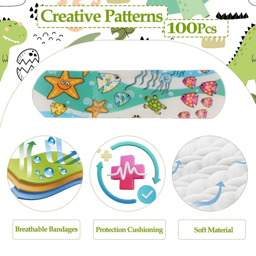 100Pcs Kids Bandages Bulk – Cute Cartoon Flexible Adhesive Strips for Children