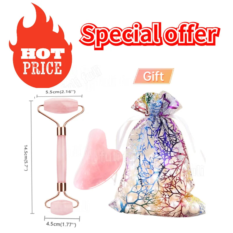 Rose Quartz Roller & Gua Sha Set – Natural Crystal Beauty Tool for Facial Lifting & Spa Massage