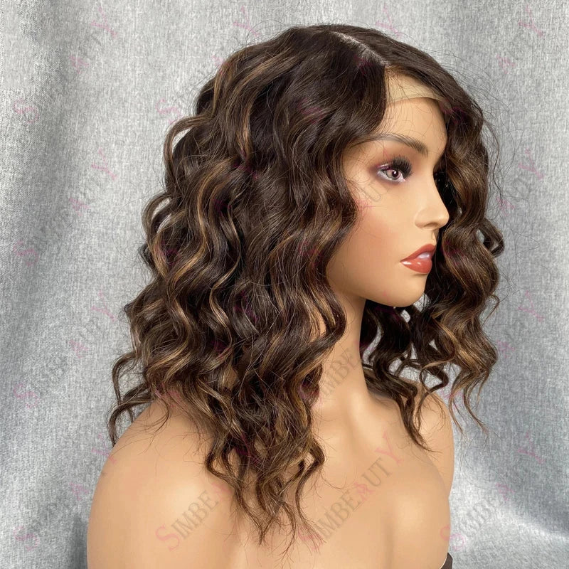 Deep Wave Short Bob Women Wigs Human Hair Brown Honey Blonde Highlights 13x4/13x6 Lace Front Wigs Brazilian Remy 360 Lace Wigs