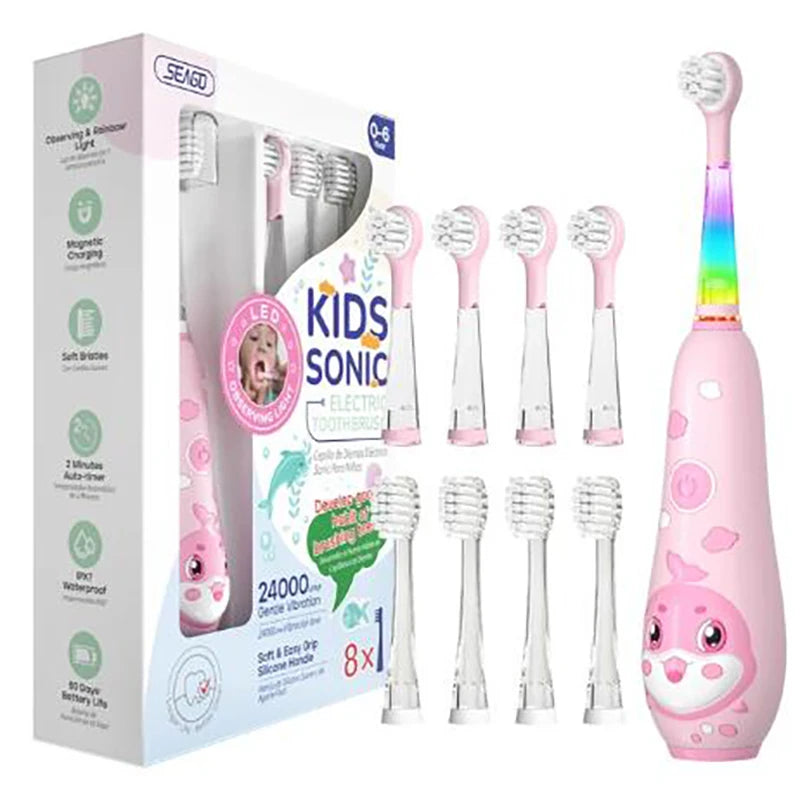 Brosse à dents électrique Seago pour enfants, avec lumière LED et recharge magnétique, 8 têtes de brosse