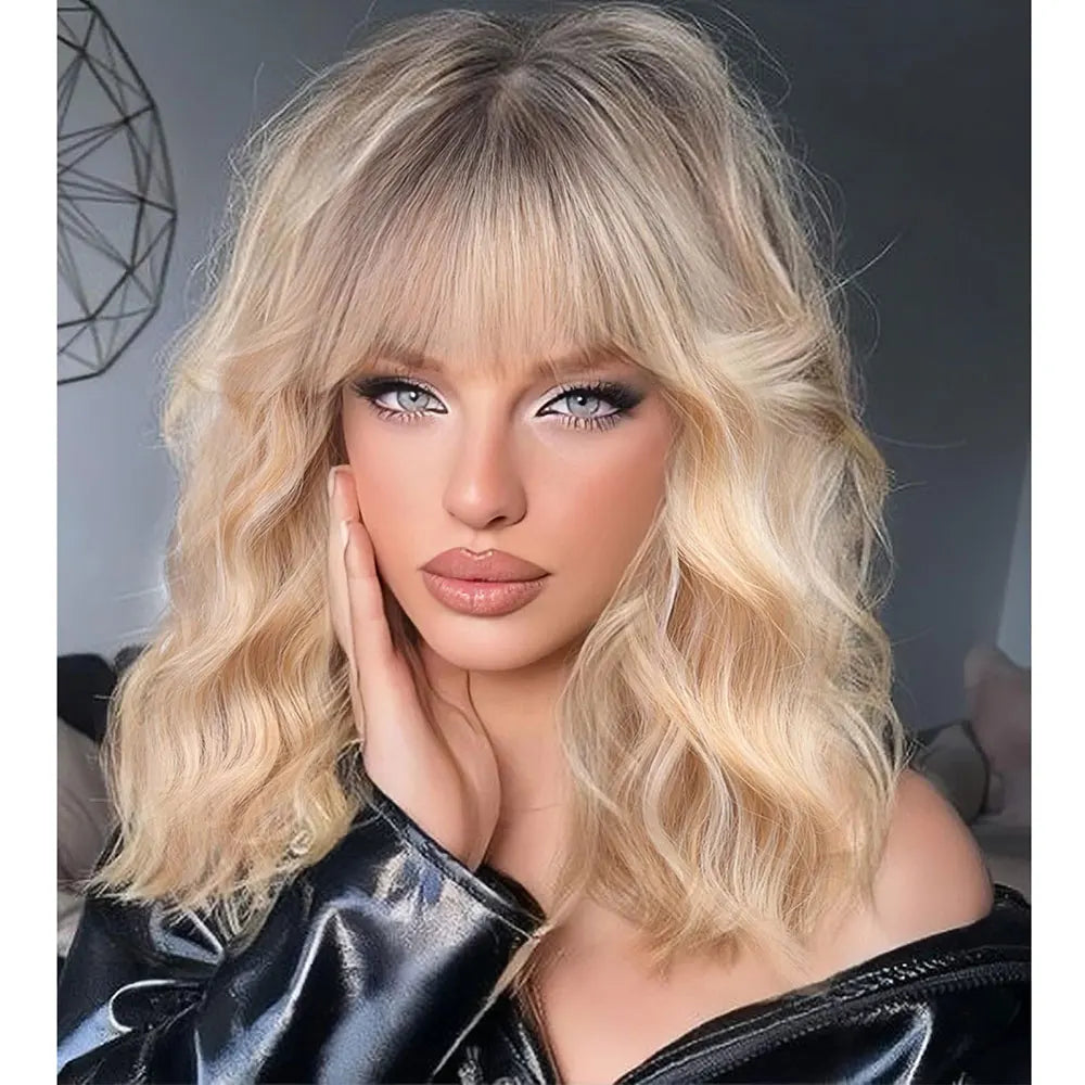 Short Brown Highlight Wigs With Bangs Natural Wavy Hair Wigs For White Women Heat Resistant Synthetic Bob Wig Shoulder Length