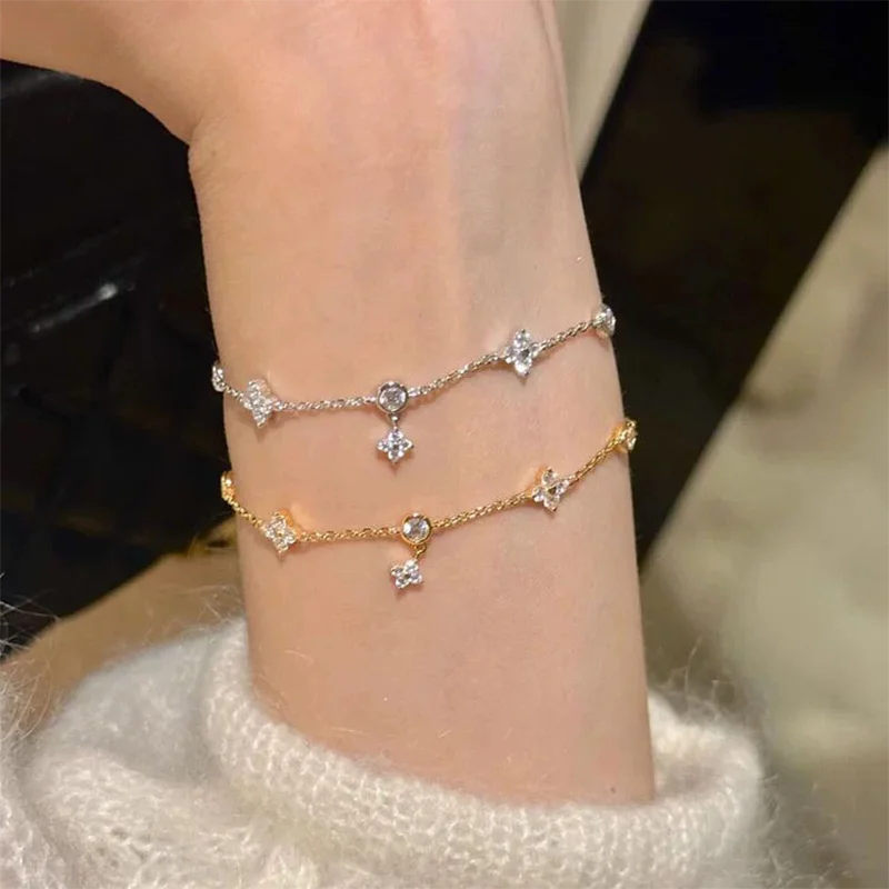 Anziw GRA Certified Moissanite Bracelet 925 Sterling Silver Women's Clover Flower Bracelets Adjustable S925 Chain Trendy Jewelry