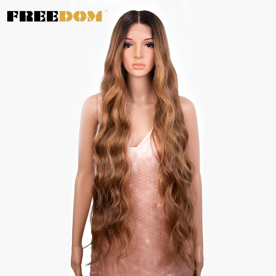 FREEDOM Synthetic Lace Front Wig 36 inch Body Wave Wigs For Women Ombre Blonde Ginger Highlight Wig Long Wavy Cosplay Wigs