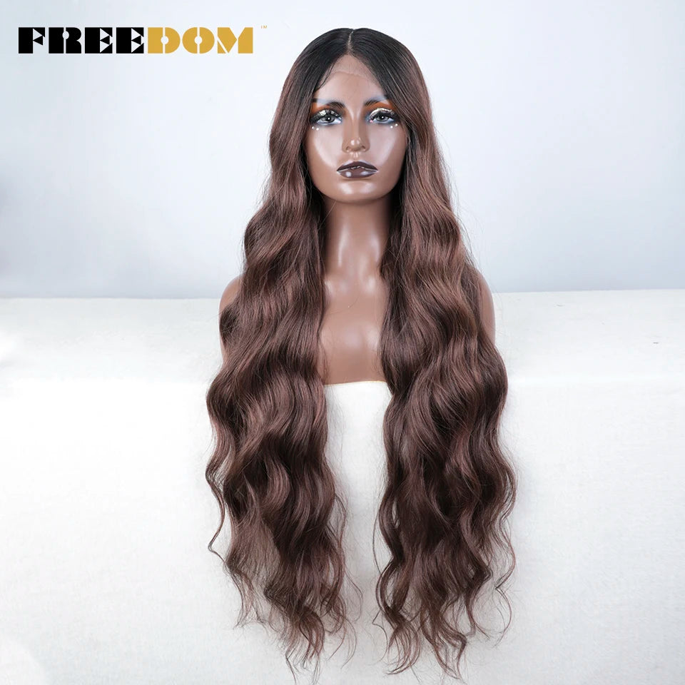 FREEDOM Synthetic Lace Front Wig 36 inch Body Wave Wigs For Women Ombre Blonde Ginger Highlight Wig Long Wavy Cosplay Wigs