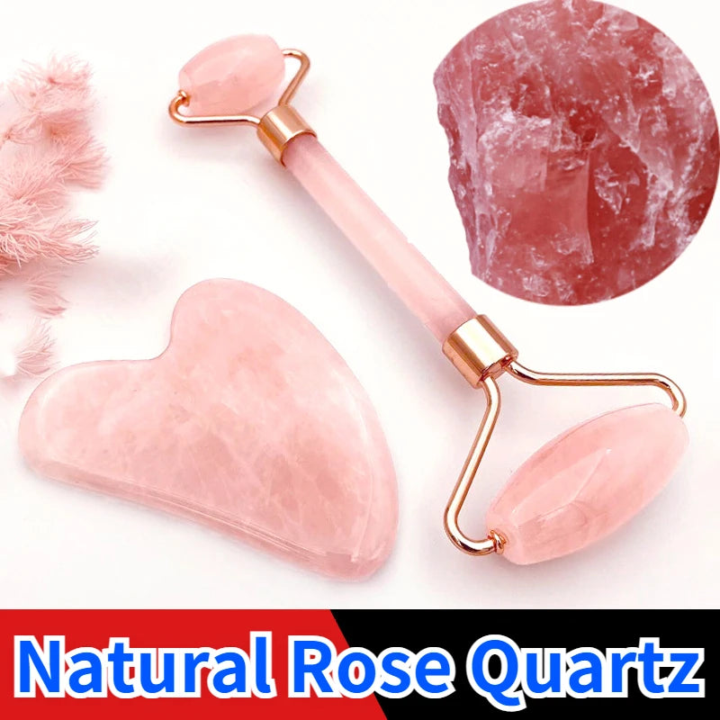 Rose Quartz Roller & Gua Sha Set – Natural Crystal Beauty Tool for Facial Lifting & Spa Massage