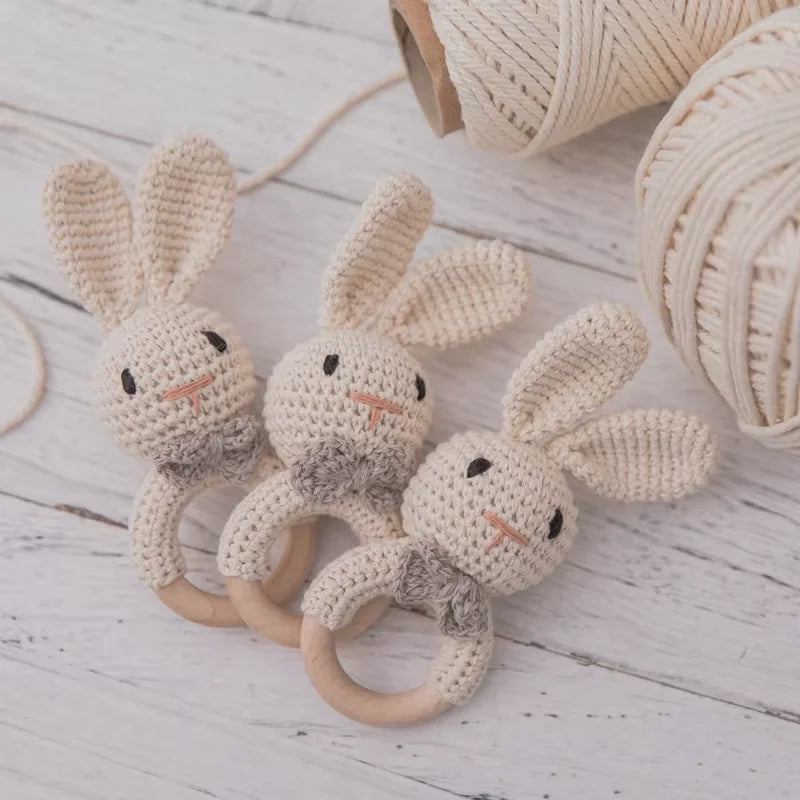Baby Crochet Rattle Wooden Teether Toy – BPA-Free Rodent Rabbit Rattle for Newborns