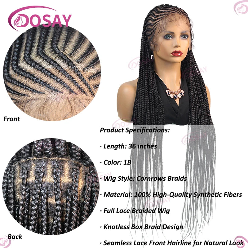 36" Cornrow Braids Hair Wig Synthetic Braided Wigs For Women Full Lace Cornrow Braid Wig Braid African Knotless Box Braided Wigs