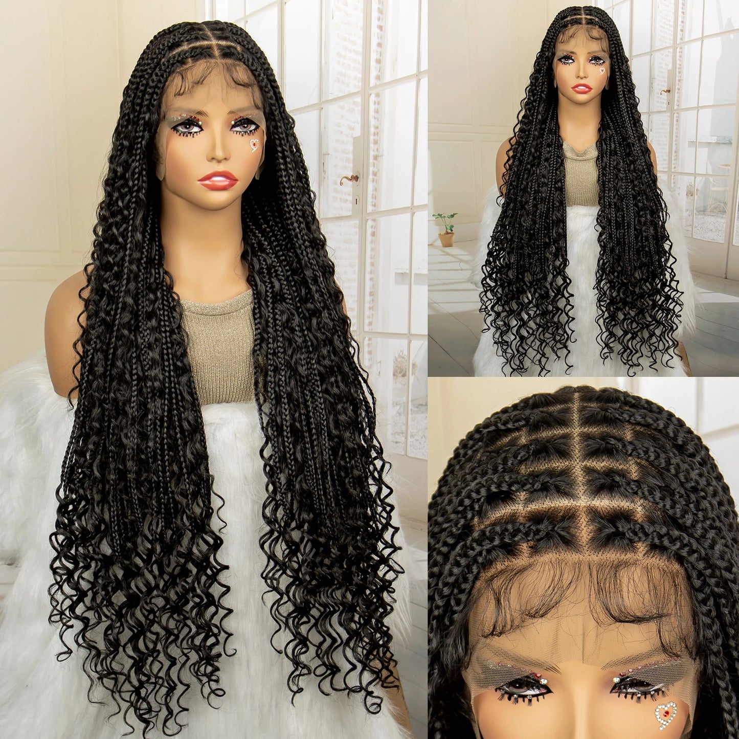 36 Inches Long Boho Braided Wigs with Baby Hair Synthetic Full Lace Knotless Box Braiding Wig with Curly Lace Frontal Wig