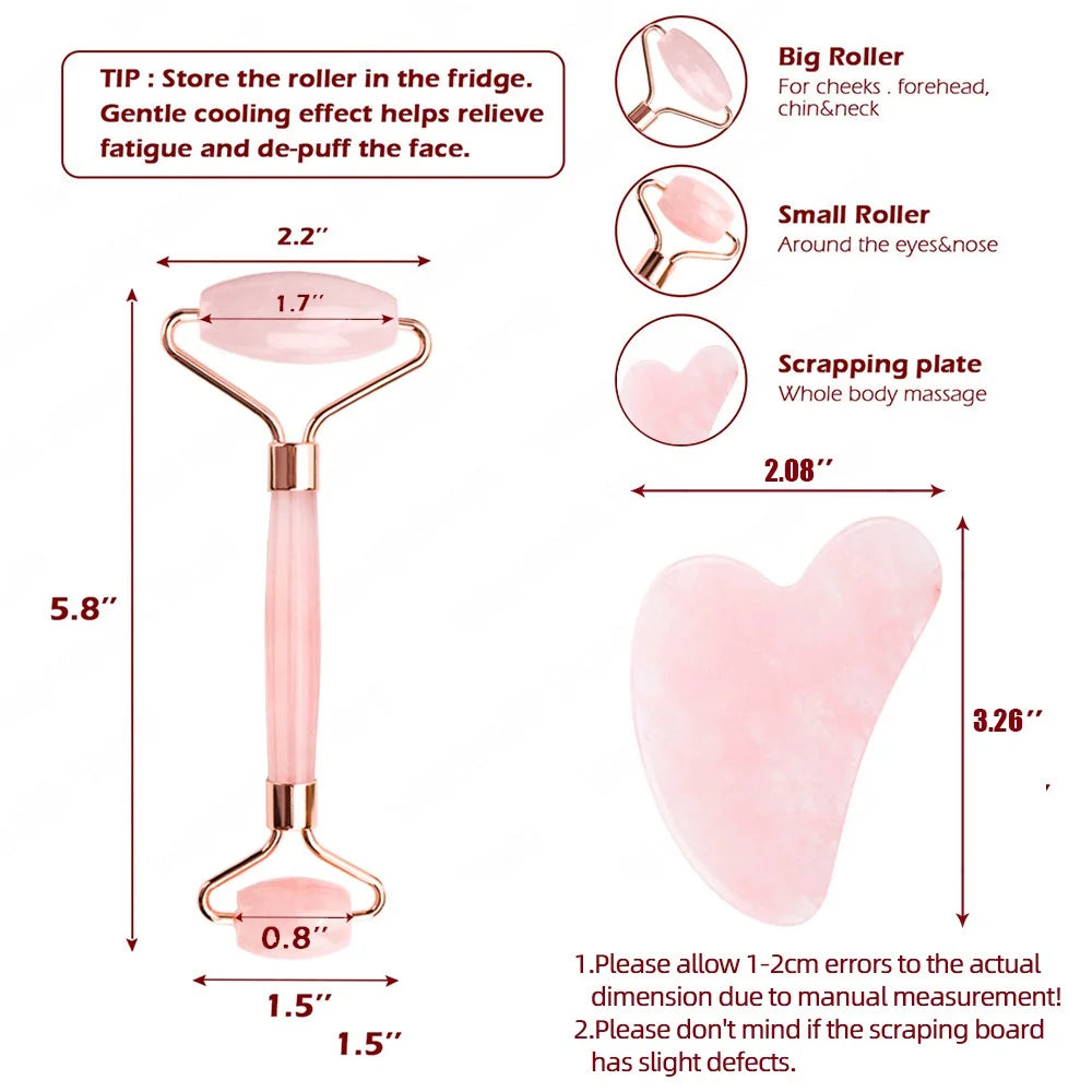 Rose Quartz Roller & Gua Sha Set – Natural Crystal Beauty Tool for Facial Lifting & Spa Massage
