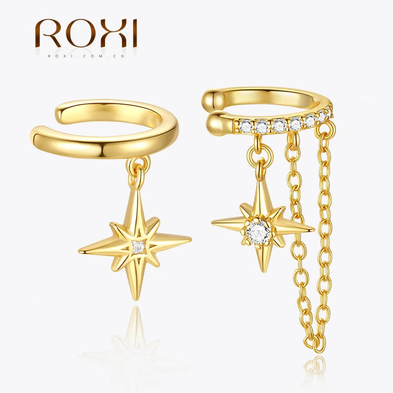 ROXI 925 Sterling Silver Zircon 8 pointed star Charms Clip Earrings For Women INS 1Piece No Piercing Earring Party Jewelry