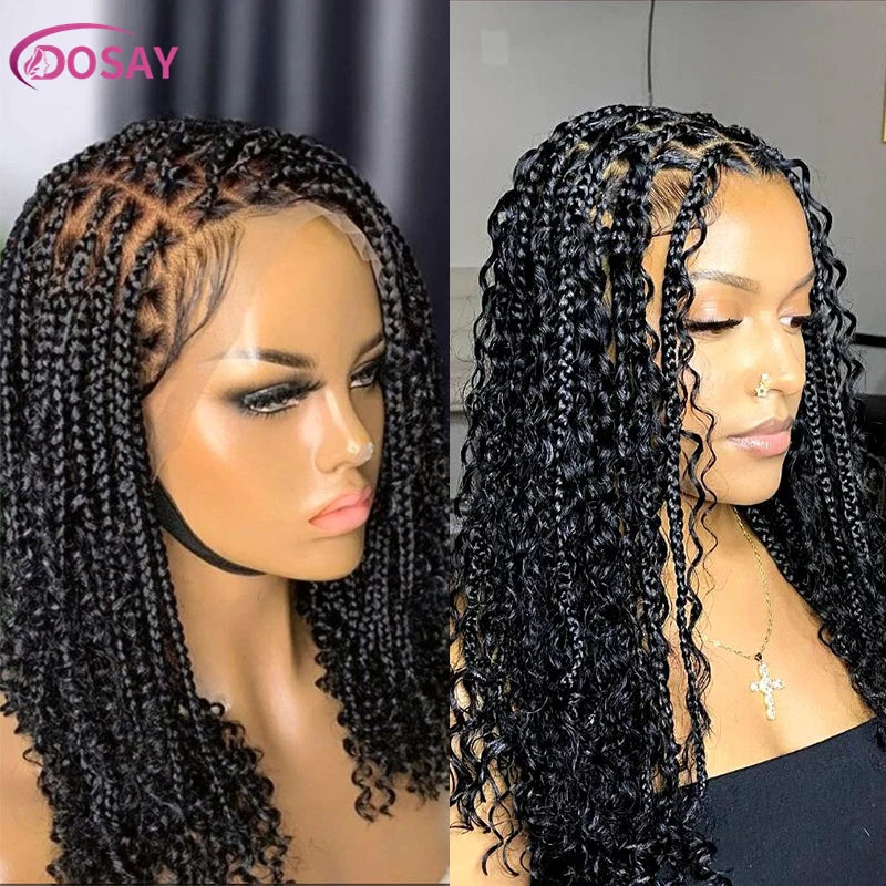 Synthetic Curly Wigs Short 360 Full Lace Boho Braids Wig 12 Inch Knotless Braided Wigs Goddess Box Braid Wig Pre-Pluck Baby Hair
