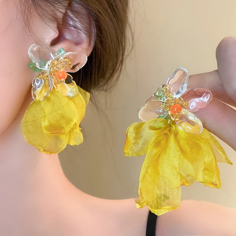 Pink Flowers Mesh Long Tassel Earrings For Women Sweet Temperament Crystal Drop Dangle Earring Party Wedding Jewelry Wholesale