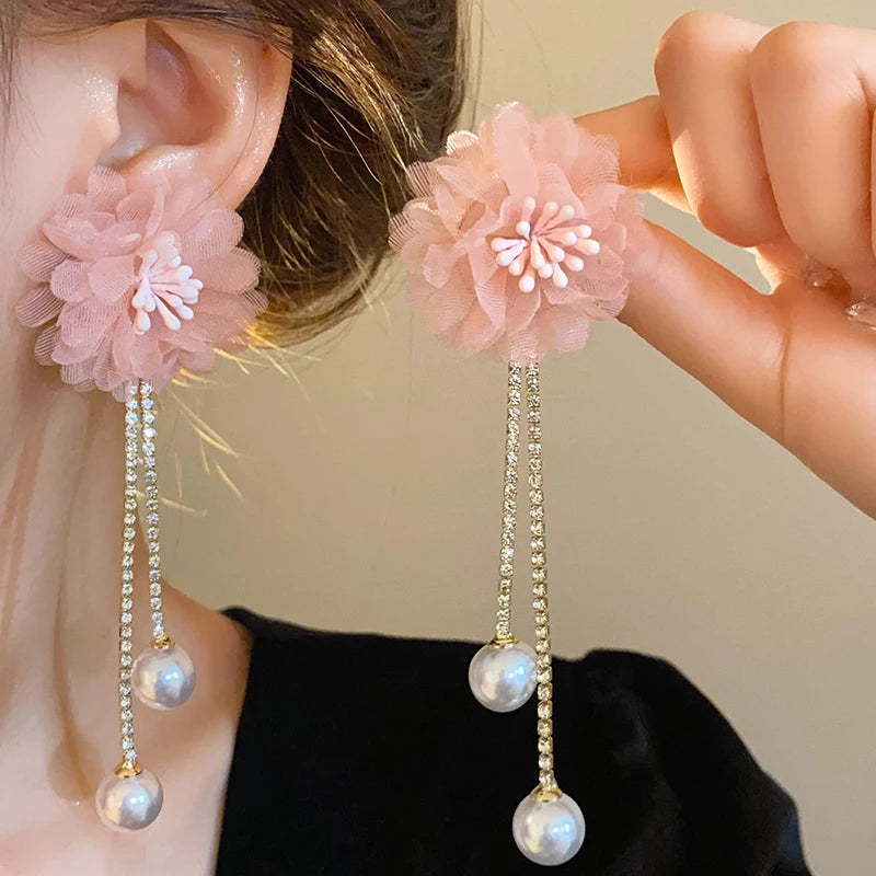 Pink Flowers Mesh Long Tassel Earrings For Women Sweet Temperament Crystal Drop Dangle Earring Party Wedding Jewelry Wholesale