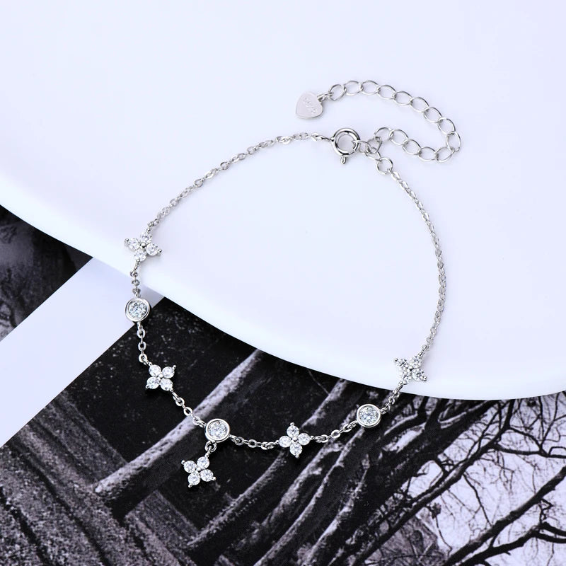 Anziw GRA Certified Moissanite Bracelet 925 Sterling Silver Women's Clover Flower Bracelets Adjustable S925 Chain Trendy Jewelry