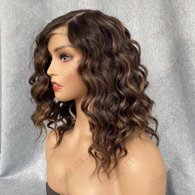 Deep Wave Short Bob Women Wigs Human Hair Brown Honey Blonde Highlights 13x4/13x6 Lace Front Wigs Brazilian Remy 360 Lace Wigs