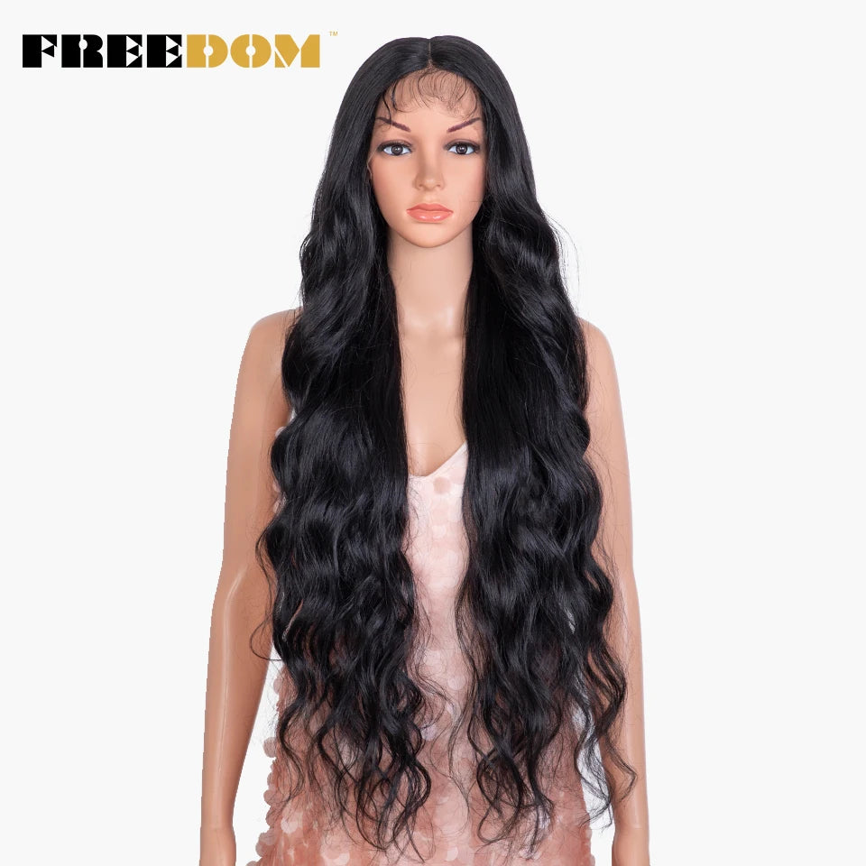 FREEDOM Synthetic Lace Front Wig 36 inch Body Wave Wigs For Women Ombre Blonde Ginger Highlight Wig Long Wavy Cosplay Wigs