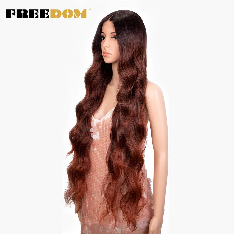 FREEDOM Synthetic Lace Front Wig 36 inch Body Wave Wigs For Women Ombre Blonde Ginger Highlight Wig Long Wavy Cosplay Wigs