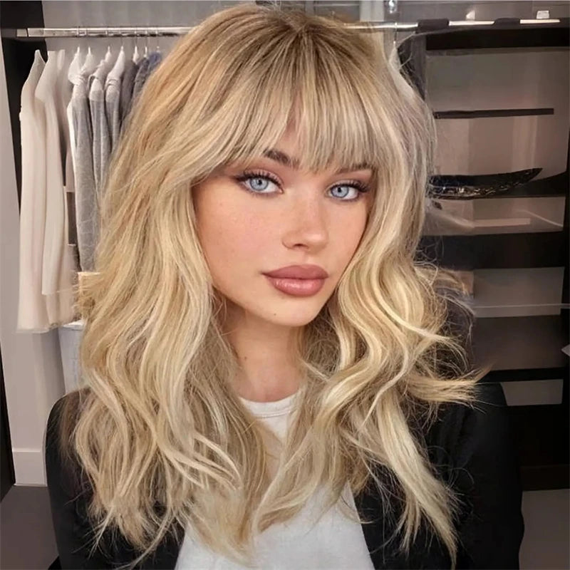 Light Blonde With Dark Roots Body Wave Synthetic Wig With Bangs For Women High Density Human Hair Blend Synthetic Wigs Cosplay