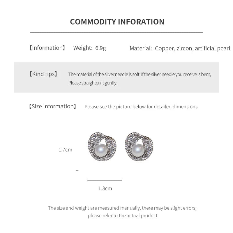 Zircon Round Pearl Earrings for Women Personality Irregular Stud Earring Temperament High Sense Simple Jewelry Wedding Girl