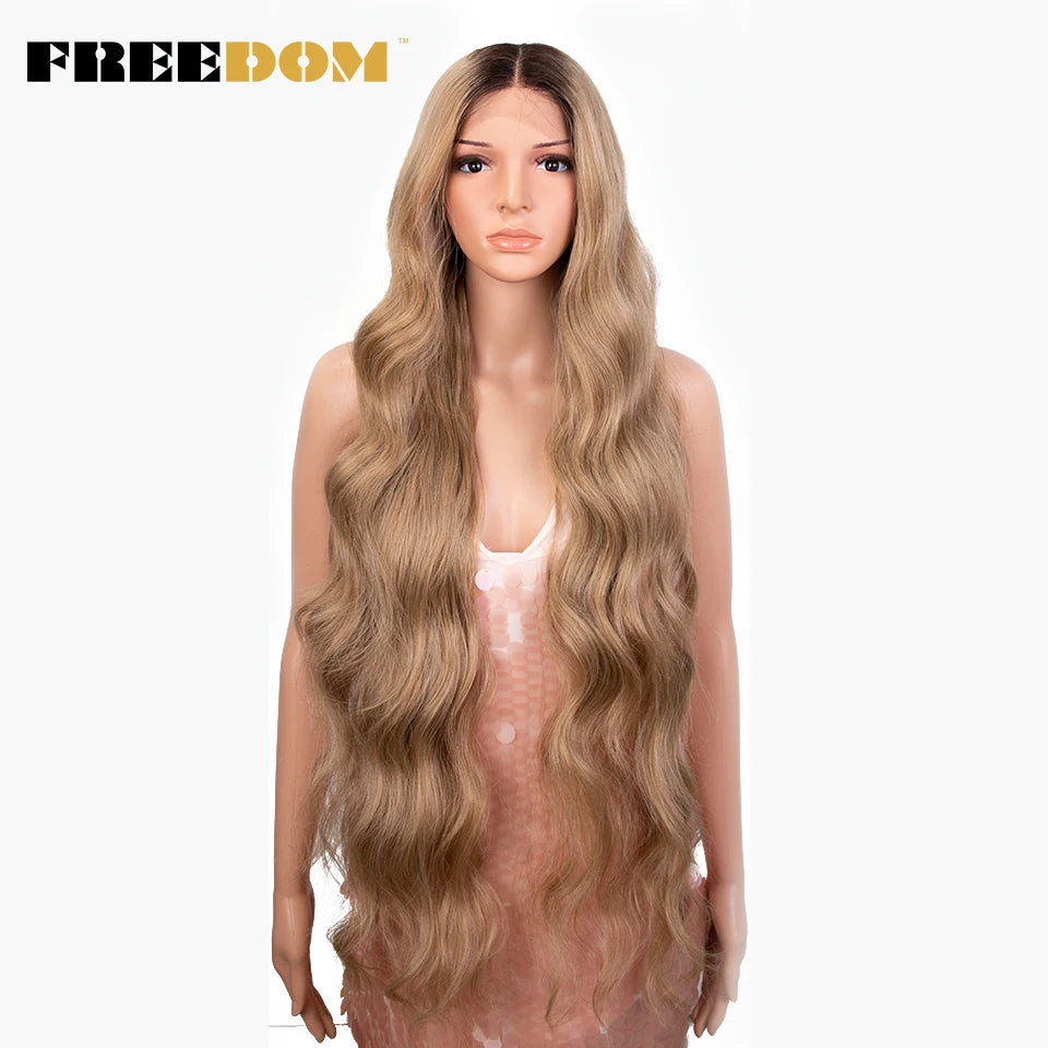 FREEDOM Synthetic Lace Front Wig 36 inch Body Wave Wigs For Women Ombre Blonde Ginger Highlight Wig Long Wavy Cosplay Wigs