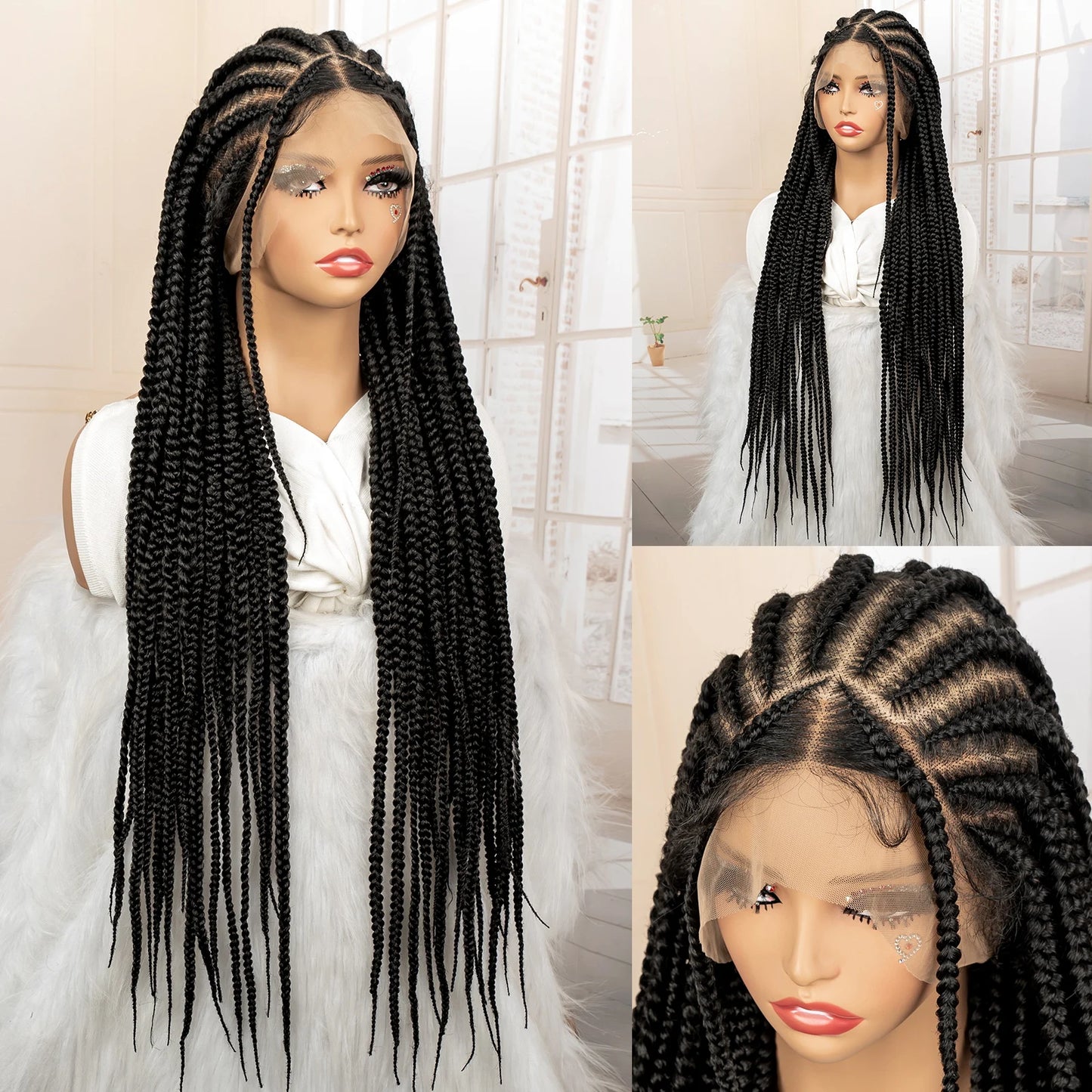 34inch Synthetic Full Lace Front Wig Cornrow Braided Wigs for Black Women Knotless Box Braided Lace Wig Faux Locs Braids Wigs
