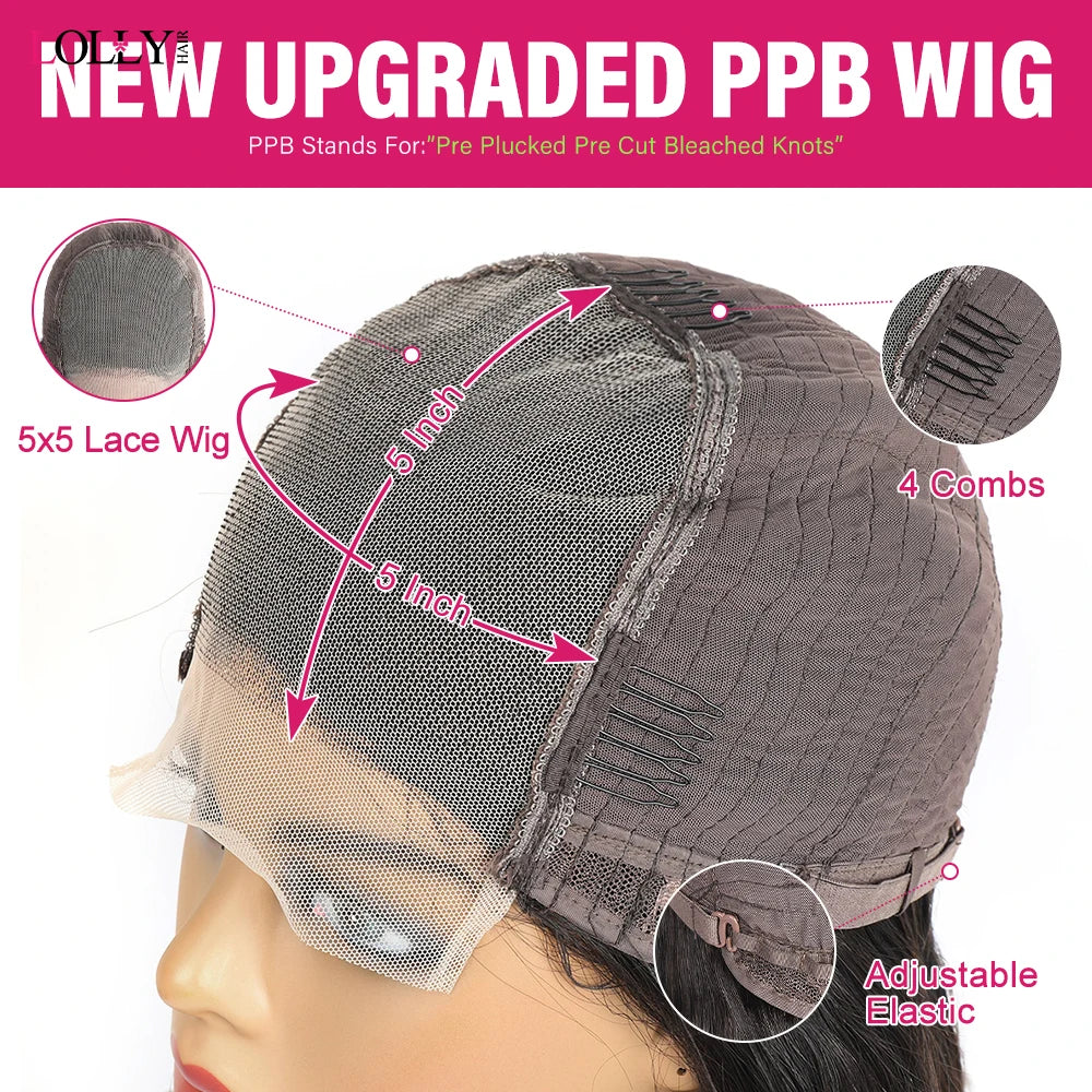 Glueless Wig Bleached Knots Pre Plucked Upgraded 5X5 Lace Front Wigs Pre Cut Straight Natural Color 100% Human Hair For Women