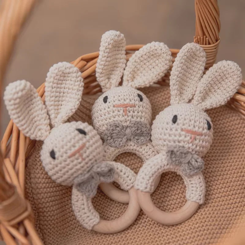 Baby Crochet Rattle Wooden Teether Toy – BPA-Free Rodent Rabbit Rattle for Newborns