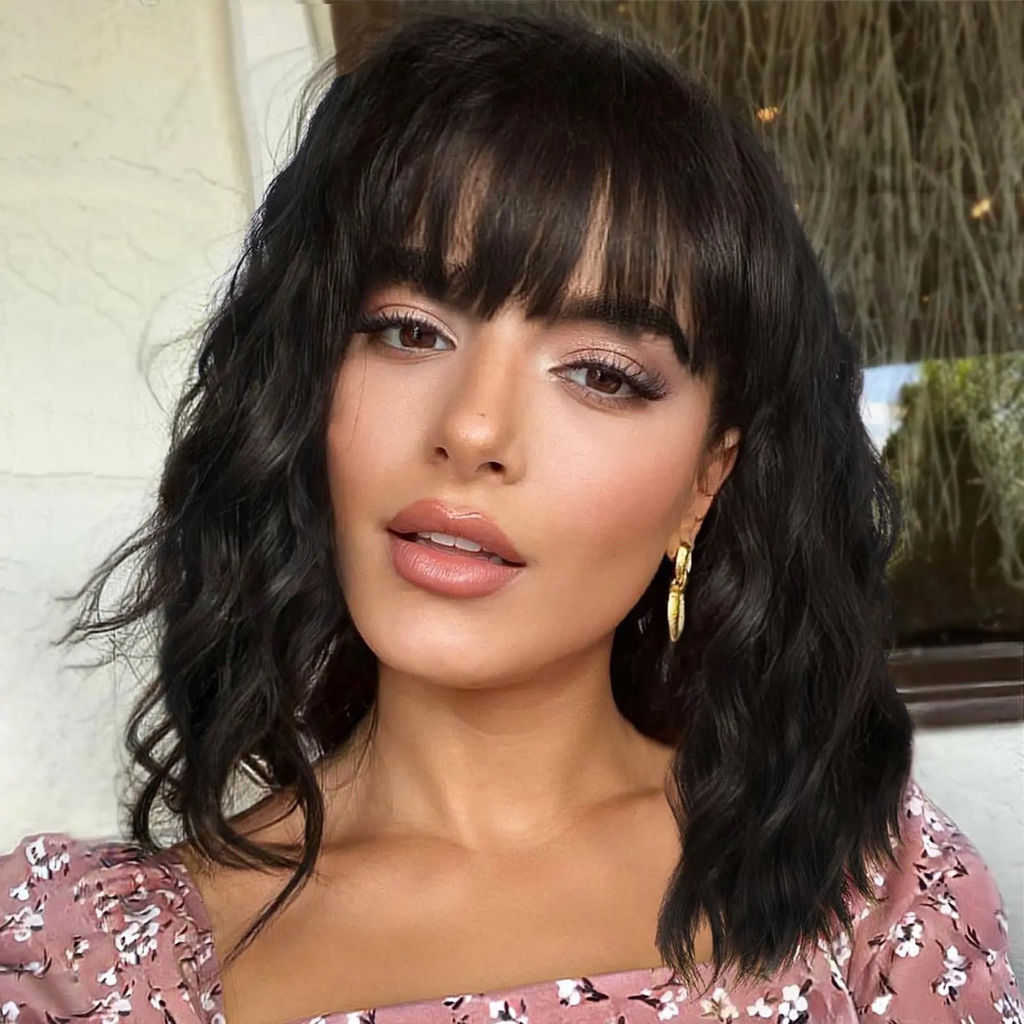 Short Brown Highlight Wigs With Bangs Natural Wavy Hair Wigs For White Women Heat Resistant Synthetic Bob Wig Shoulder Length