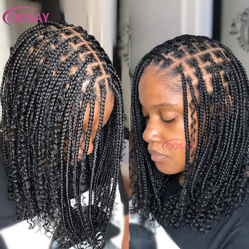 Synthetic Curly Wigs Short 360 Full Lace Boho Braids Wig 12 Inch Knotless Braided Wigs Goddess Box Braid Wig Pre-Pluck Baby Hair