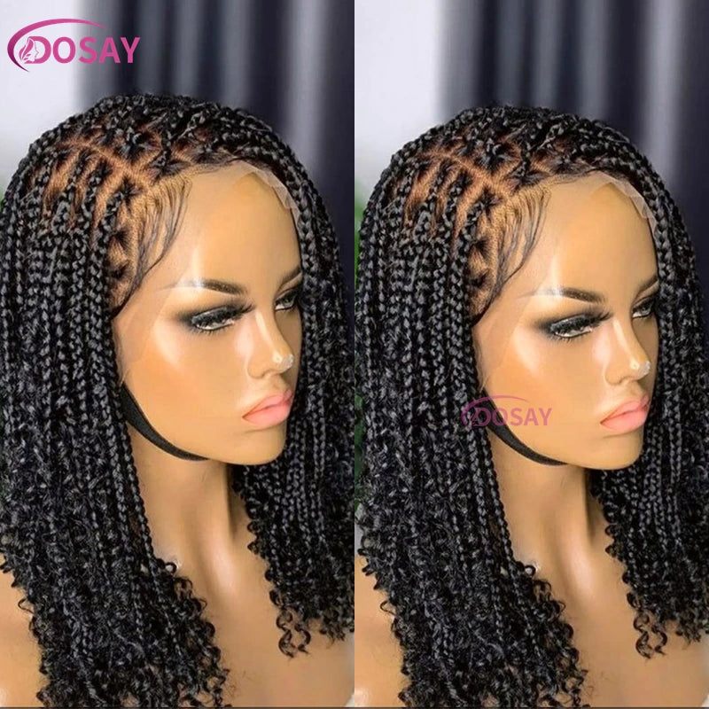 Synthetic Curly Wigs Short 360 Full Lace Boho Braids Wig 12 Inch Knotless Braided Wigs Goddess Box Braid Wig Pre-Pluck Baby Hair