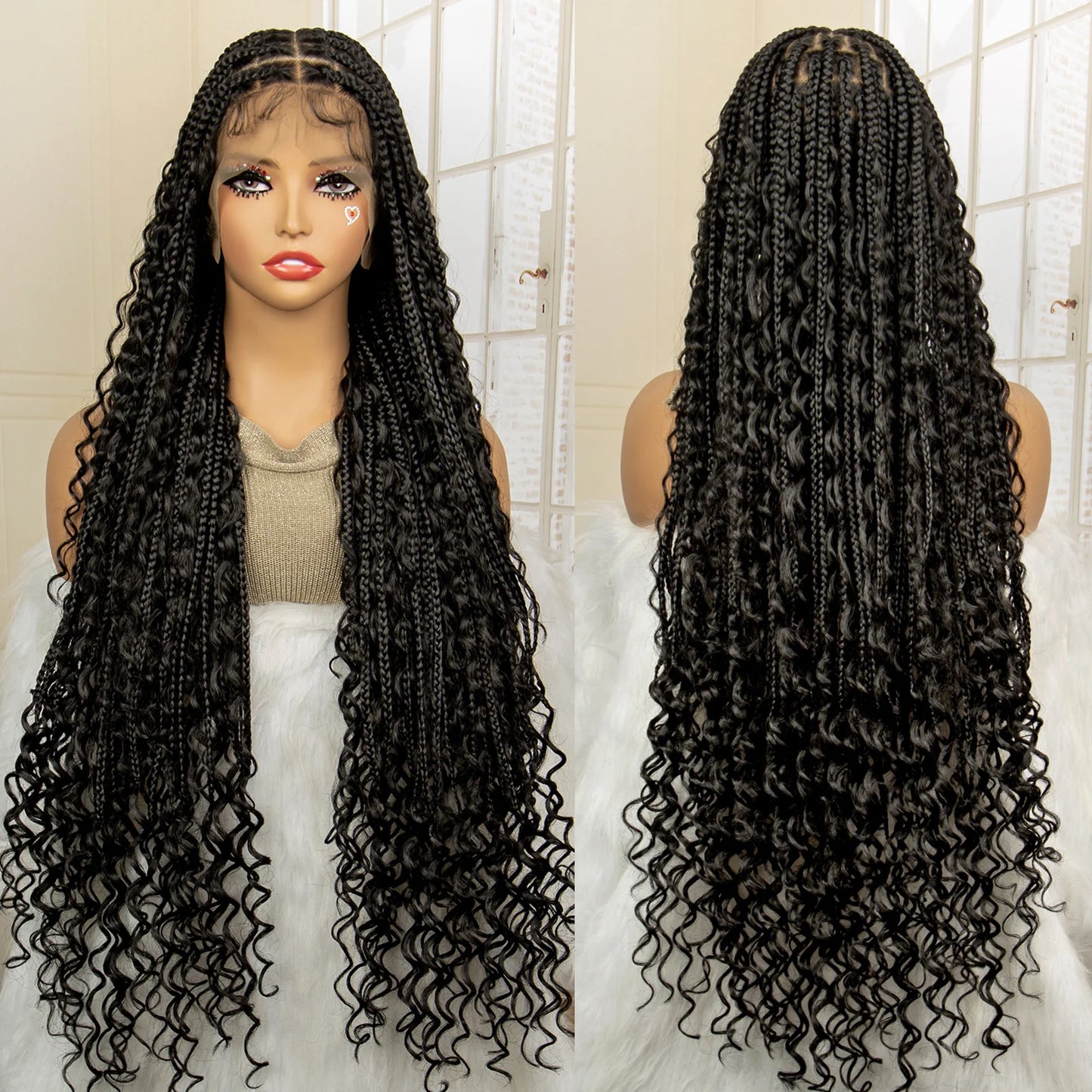 36 Inches Long Boho Braided Wigs with Baby Hair Synthetic Full Lace Knotless Box Braiding Wig with Curly Lace Frontal Wig