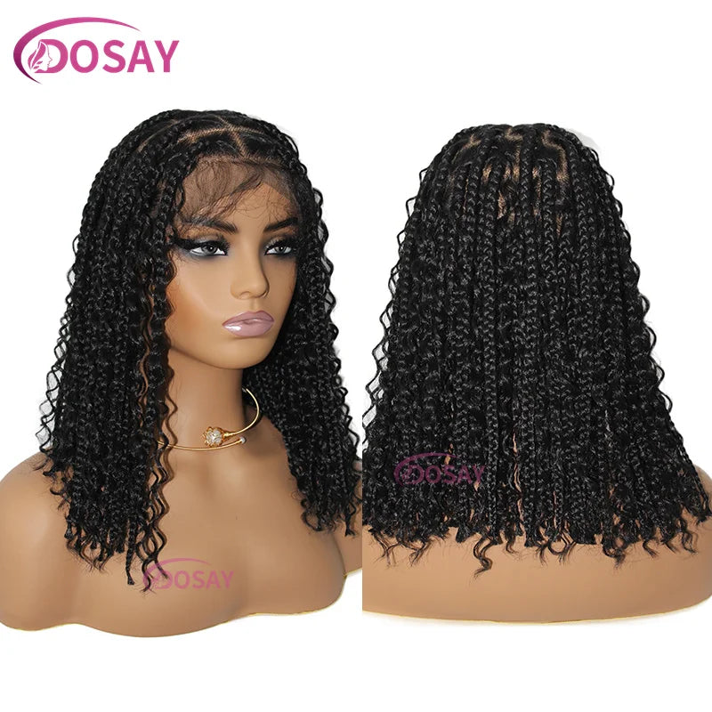 Synthetic Curly Wigs Short 360 Full Lace Boho Braids Wig 12 Inch Knotless Braided Wigs Goddess Box Braid Wig Pre-Pluck Baby Hair
