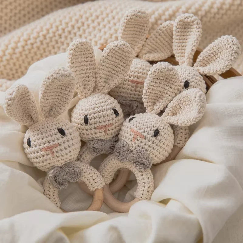 Baby Crochet Rattle Wooden Teether Toy – BPA-Free Rodent Rabbit Rattle for Newborns