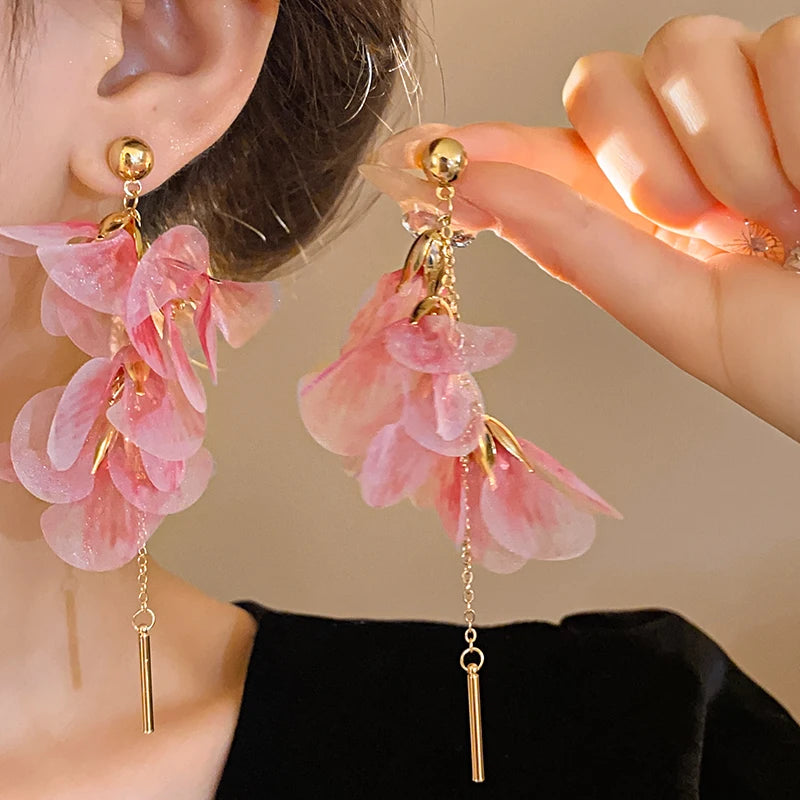 Pink Flowers Mesh Long Tassel Earrings For Women Sweet Temperament Crystal Drop Dangle Earring Party Wedding Jewelry Wholesale