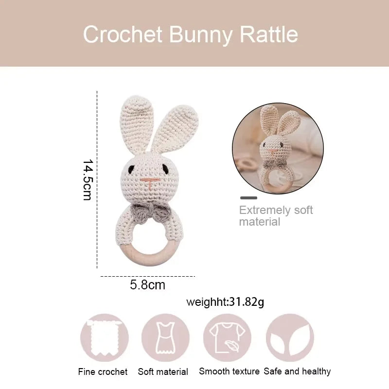 Baby Crochet Rattle Wooden Teether Toy – BPA-Free Rodent Rabbit Rattle for Newborns