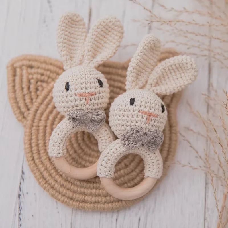 Baby Crochet Rattle Wooden Teether Toy – BPA-Free Rodent Rabbit Rattle for Newborns
