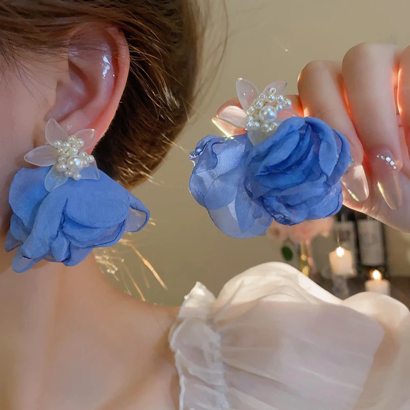 Pink Flowers Mesh Long Tassel Earrings For Women Sweet Temperament Crystal Drop Dangle Earring Party Wedding Jewelry Wholesale