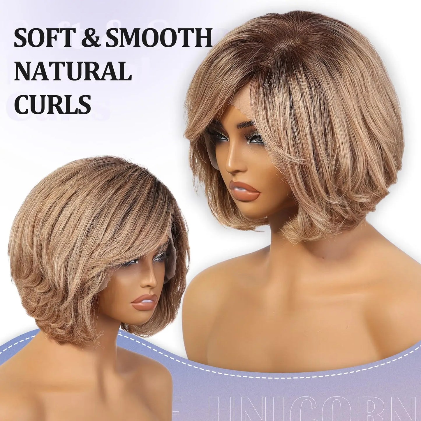 100% Remy Human Hair Transparent Lace Frontal Wig Short Wavy Bob Human Hair Wig Ash Brown Ombre Pixie Cut Hair for White Women