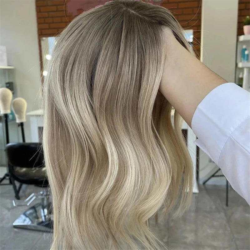14 Inch Brown Highlight Short Bob Wavy Synthetic Wigs Dark Roots For Women Daily Use Ash Blonde Wig Pre Plucked Curly Hair Wig