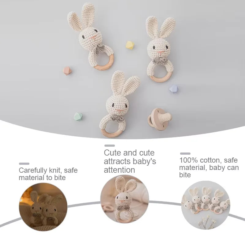 Baby Crochet Rattle Wooden Teether Toy – BPA-Free Rodent Rabbit Rattle for Newborns