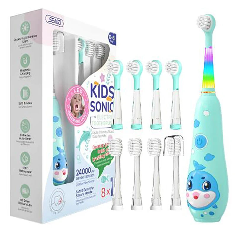 Brosse à dents électrique Seago pour enfants, avec lumière LED et recharge magnétique, 8 têtes de brosse