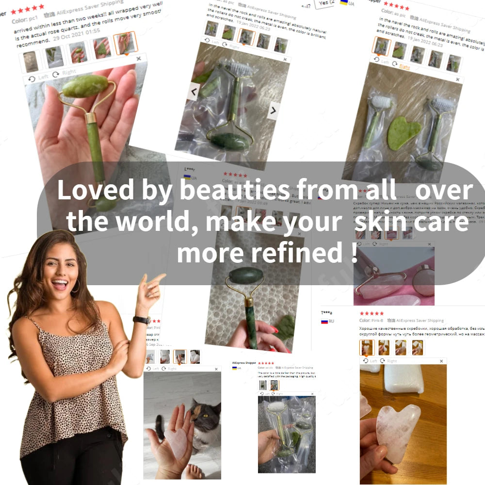 Rose Quartz Roller & Gua Sha Set – Natural Crystal Beauty Tool for Facial Lifting & Spa Massage