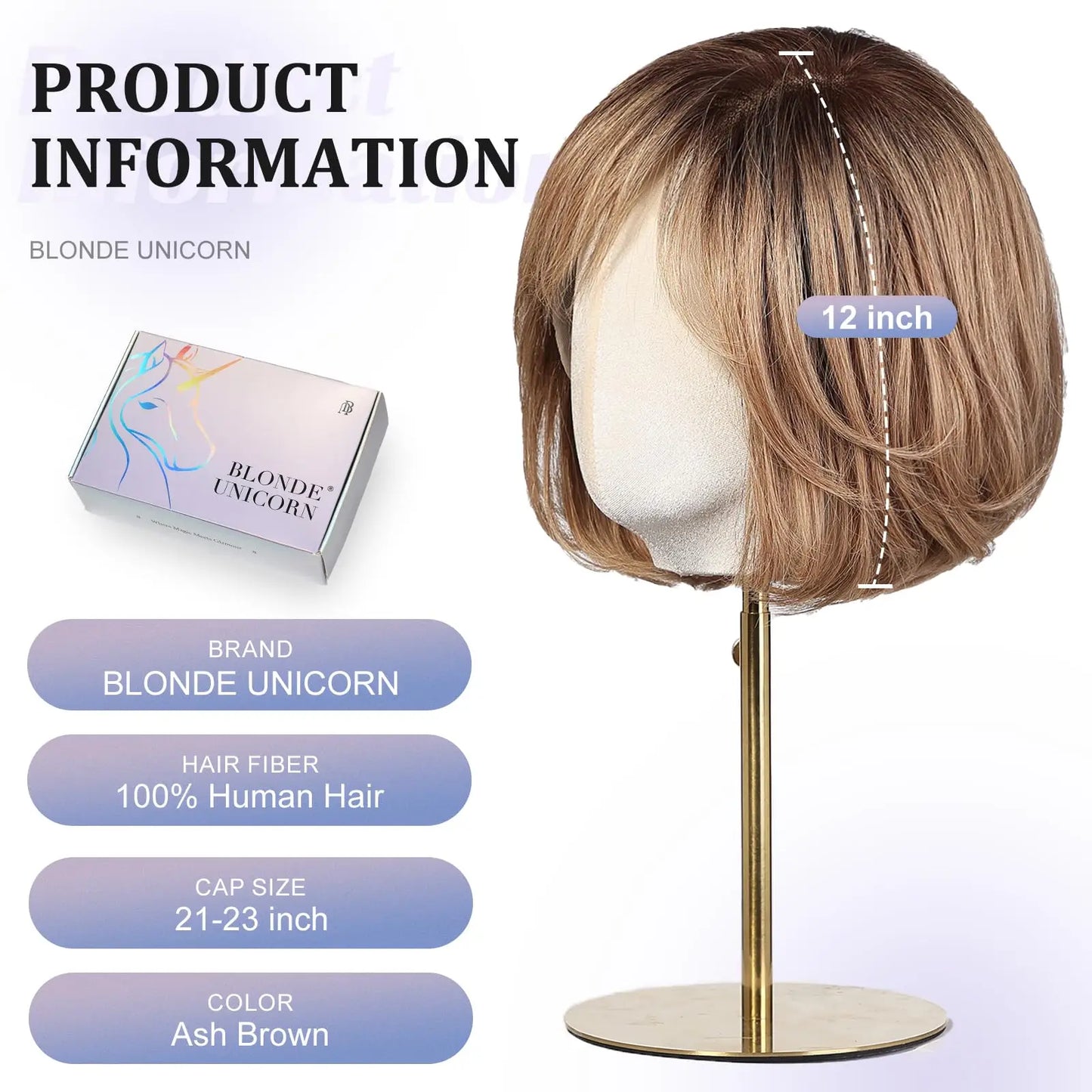 100% Remy Human Hair Transparent Lace Frontal Wig Short Wavy Bob Human Hair Wig Ash Brown Ombre Pixie Cut Hair for White Women