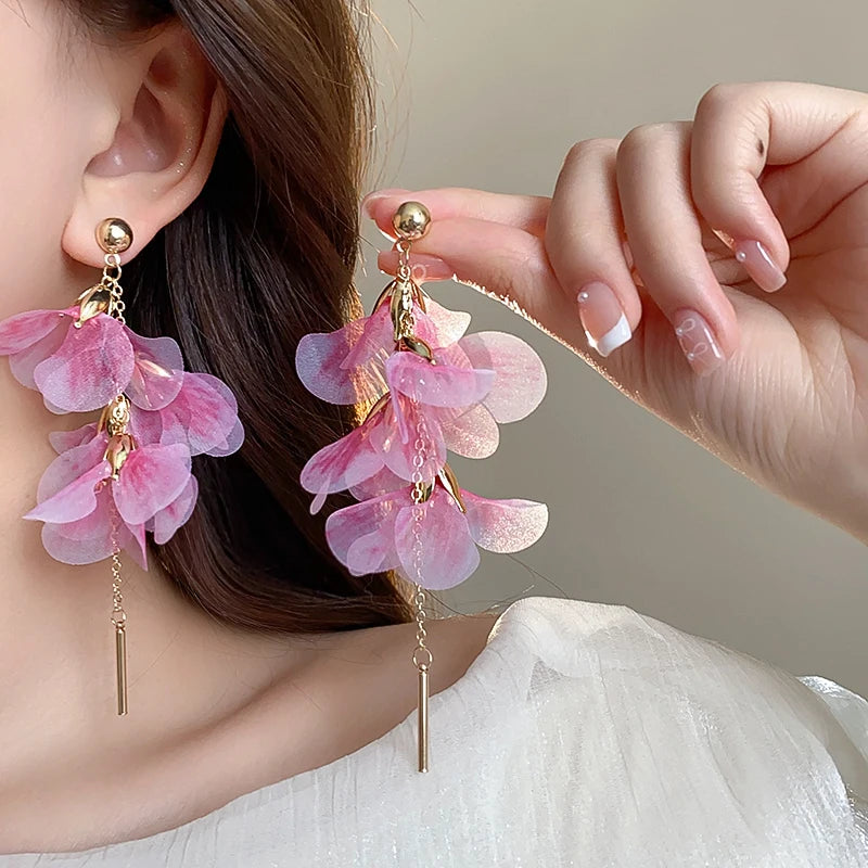 Pink Flowers Mesh Long Tassel Earrings For Women Sweet Temperament Crystal Drop Dangle Earring Party Wedding Jewelry Wholesale