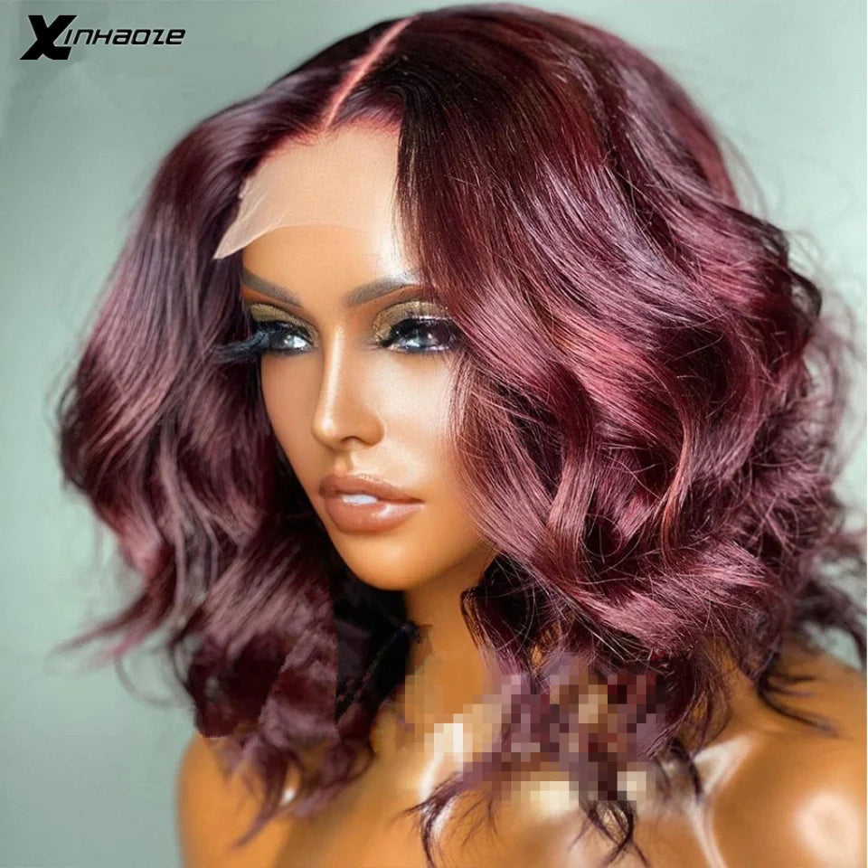 Ombre Dark Brown/99J/Blonde Highlight Body Wave Brazilian Virgin Short Bob Human Hair Wigs HD Transparent 13x4 Lace Front Wig