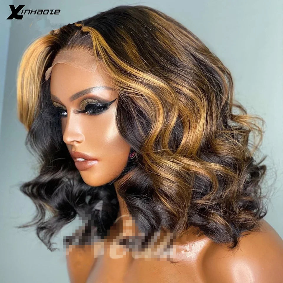 Ombre Dark Brown/99J/Blonde Highlight Body Wave Brazilian Virgin Short Bob Human Hair Wigs HD Transparent 13x4 Lace Front Wig