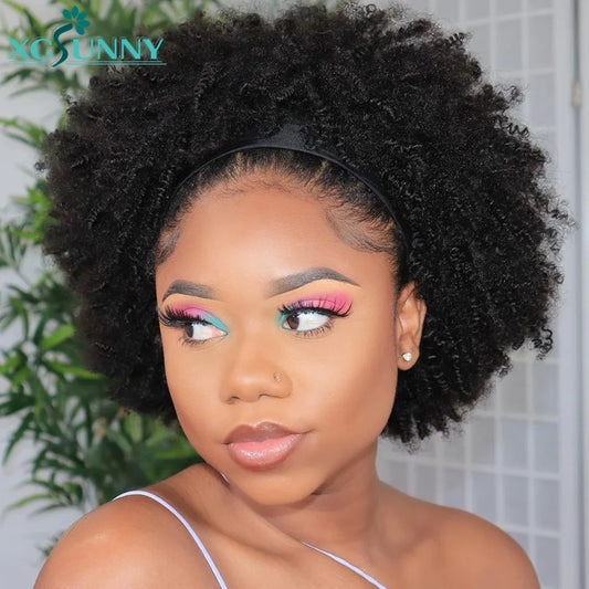 Afro Kinky Curly Bob Headband Wig Human Hair 14" 200% Short Curly Wigs Remy Brazilian Full Machine Made Wig For Women xcsunny