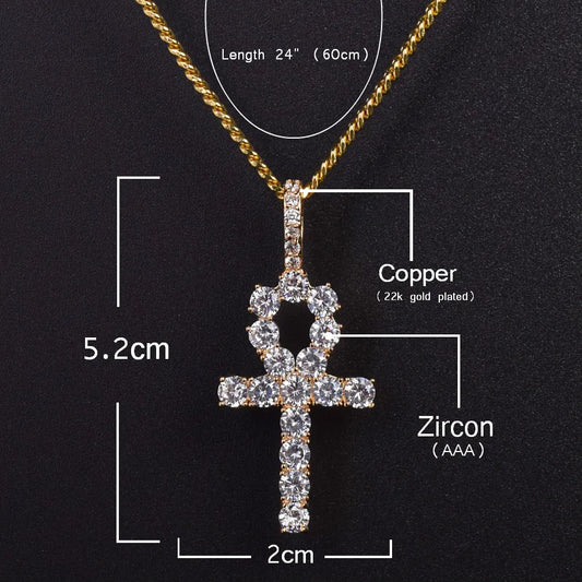 Bubble Letter Ankh Cross Necklace for Men Iced Pendant Gold Color Hip Hop Jewelry Prong Setting Cubic Zirconia