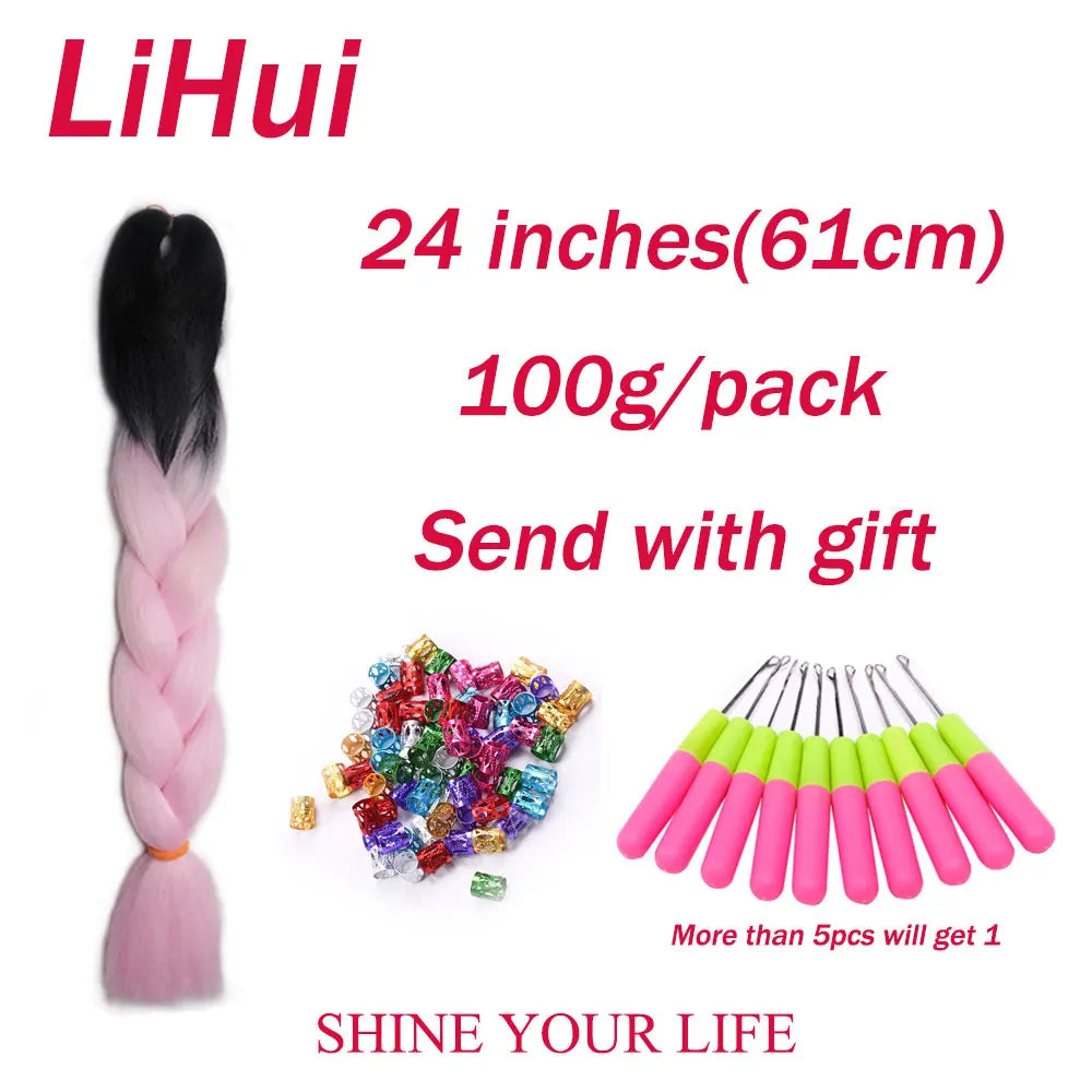 24 Inches Synthetic Braiding Hair Jumbo BraidOmbre Jumbo Hair Extension For Women DIY Hair Braids Purple Pink  Yellow Gray Lihu