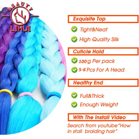 24 Inches Synthetic Braiding Hair Jumbo BraidOmbre Jumbo Hair Extension For Women DIY Hair Braids Purple Pink  Yellow Gray Lihu